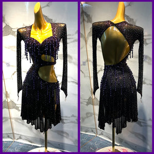 Latin Dance Dress Women Black Purple Beaded Fringe Cutout Rhinestone Mesh Long Sleeve Backless Rumba Samba Cha Cha Performance Costume