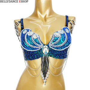 Women's Red Sequin & Pearl Beaded Belly Dance Bra Top with Shoulder & Waist Chains