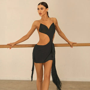 Women's Brown Leopard Print Cutout Fringe Latin Dance Dress