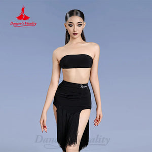 Latin Dance Dress Women's Black & Animal Print Fringe Halter Top, Sleeveless, Asymmetrical Hem, Polyester Blend, Rumba, Cha Cha, Samba