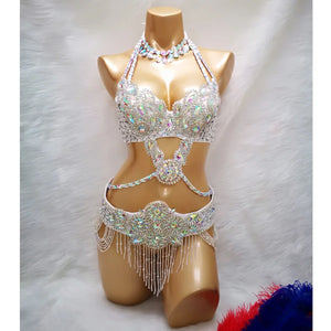 Women's Blue Embellished Halter Neck Sequin & Beaded Belly Dance Costume