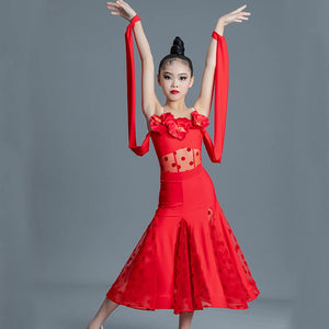 Kids Girls Latin Dance Dress, Red & Lavender Polka Dot Mesh Ruffle Salsa Ballroom Performance Costume