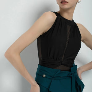 Women's Black Mesh Halter Bodysuit and Teal High-Waisted Wide-Leg Pants Latin Ballroom Dancewear