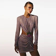 Backless Rhinestone-Encrusted Mesh Dress with Floral Waist Embellishment
