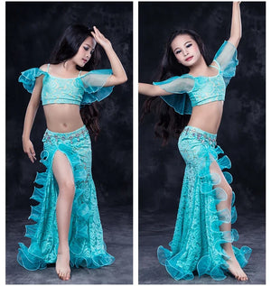 Girls Red Lace Ruffle Belly Dance Costume Set
