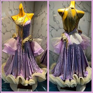 Women's Lavender & Gold Embellished Halter Ballroom Dance Dress with Ruffled Skirt