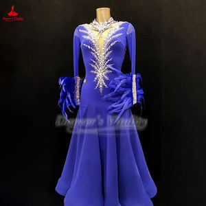 Adult Women AB Stones Long Sleeves Ballroom Dance Backless Dresses Customize Waltz Foxtrot Tango Quickstep Professional Outfit