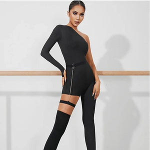 Women's Black One-Shoulder Asymmetrical Bodysuit with Garter Straps, Modern Dance Leotard
