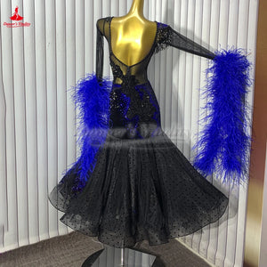 Women's Ballroom Dance Dress With Polka Dots And Ostrich Feather Sleeves For Waltz Foxtrot Tango Quickstep