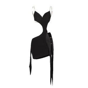 Women's Leopard Print Black Fringe Cutout Latin Dance Dress