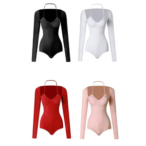 Women's Red and Black Backless Long Sleeve Leotard with Halter Neck and Shrug, Ballet/Lyrical Dance