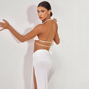 Women's Halter Neck Ruched Two-Piece Set with High Slit Skirt, Red, Black, White, Latin Dance