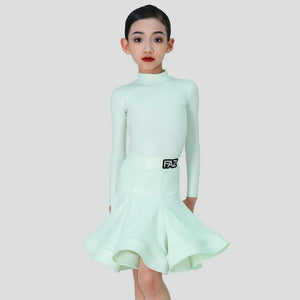 Girls' Pink Long Sleeve Mock Neck Pleated Skirt Latin Ballroom Dance Dress