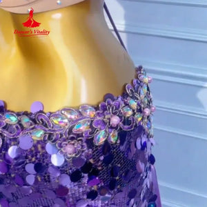 Belly Dance Costume Women's Purple Sequin Halter Top & Mermaid Skirt with Beaded Fringe - Professional Performance Outfit