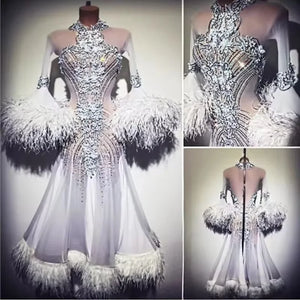 Ballroom Dress Women's White & Silver Rhinestone & Feather Embellished Mesh Long Sleeve Waltz Dance Gown