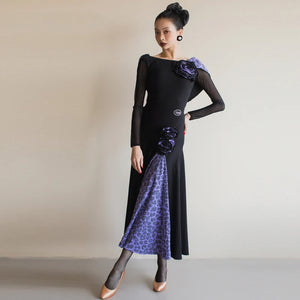 Ballroom Dance Dress Women's Black & Purple Leopard Print Long Sleeve Backless Mesh Panel Standard Smooth Gown