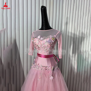 Ballroom Dance Dress Women's Pink Floral Embroidered Mesh Tulle Long Sleeve Open Back Waltz Foxtrot Standard Dance Gown