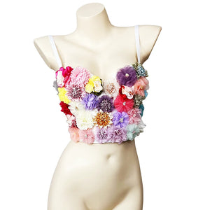 Floral Appliqué Sweetheart Bustier Top for Women, White with Multicolor Fabric Flowers, Strappy, Dancing Apparel