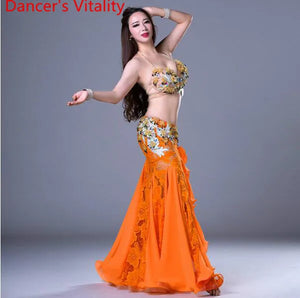 Belly Dance Costume Women's Hot Pink Sequined Halter Top and Ruffled Slit Skirt Set