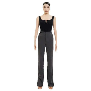 Women's Black and Beige Square Neck Bodysuit with Keyhole and Wide Leg Dance Trousers for Ballroom Dance