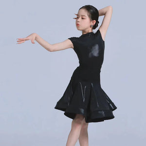 Kids Girls Latin Dance Dress, Short Sleeve Shiny Pleated Skirt Ballroom Salsa Rumba Dancewear