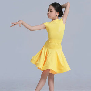 Kids Girls Latin Dance Dress, Short Sleeve Shiny Pleated Skirt Ballroom Salsa Rumba Dancewear