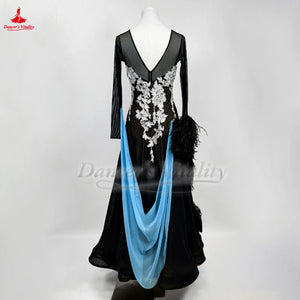 Ballroom Competition Dress With Long Sleeves V-Back For Waltz Foxtrot Quickstep Custom Adult & Child