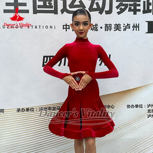 Teen Latin Dance Long-Sleeve Velvet Two-Piece Set For Competition And Training