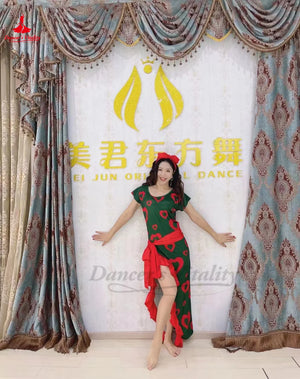 Women's Green & Red Heart Print Latin Dance Dress with Ruffled Hem
