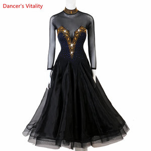 Ballroom Dance Dress Women's Green Mesh Long Sleeve Embellished Gown Standard Waltz Tango Competition Costume
