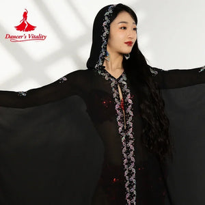 Belly Dance Women's Black Sheer Chiffon Kaftan with Silver Embroidery and Sequin Accents Tribal Fusion Costume