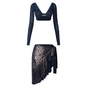 Women's Black Glitter Long Sleeve Crop Top and Leopard Print Ruffle Skirt Latin Dancewear, Women's Burgundy Glitter Long Sleeve Crop Top and Leopard Print Ruffle Skirt Latin Dancewear, Women's Gold Glitter Long Sleeve Crop Top and Leopard Print Ruffle Ski