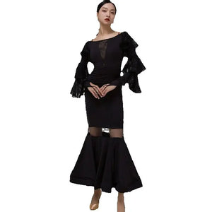 Latin Dance Dress Women Black Lace Ruffle Long Sleeve Sheer Mermaid Hem Lycra Spandex