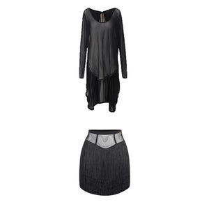 Women's Black Mesh Long Sleeve Latin Dance Dress with Fringe Skirt