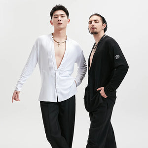 Men's White & Black Pleated V-Neck Long Sleeve Button-Down Dance Shirt