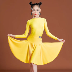 Girls Latin Dance Dress, Long Sleeve, Pleated Skirt, Ballroom Performance Costume