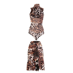 Women's Black & Leopard Print Sleeveless Mock Neck Bodysuit & Ruffled Skirt Latin Dancewear