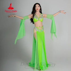Women's Belly Dance Costume 3-Piece Set With Rhinestone Bra, Sleeves, Long Chiffon Skirt For Performance