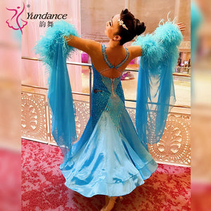 Women's Custom Ballroom Dance Competition Dress With Feather Trim In Stretch Fabric