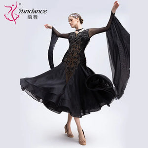 Women's Standard Ballroom Dance Dress In Black Satin Chiffon For Stage Performance