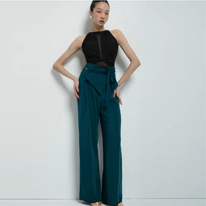 Women's Black Mesh Halter Bodysuit and Teal High-Waisted Wide-Leg Pants Latin Ballroom Dancewear