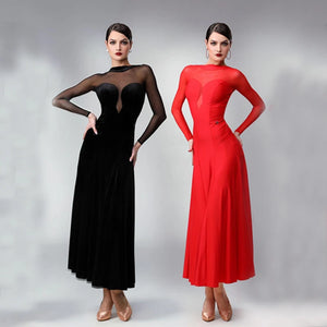 Women's Black & Red Velvet Mesh Ballroom Dance Dress with Open Back & Sweetheart Neckline, Latin Tango Waltz Foxtrot Gown