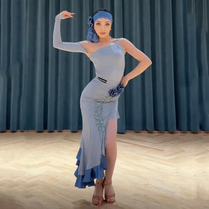 Women's Blue Ruffled Asymmetrical Hem Latin Dance Dress with Headband, Arm Sleeve & Floral Detail
