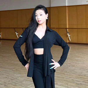 Women's Black Long Sleeve Collared Button-Up Dance Shirt with Slit Skirt - Latin Ballroom Performance Outfit