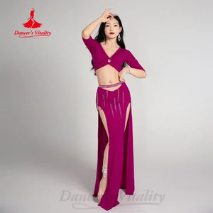 Belly Dance Costume Women Light Green V-Neck Crop Top with Half Sleeves and High-Slit Maxi Skirt with Rhinestone Fringe