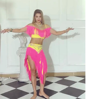 Women's Hot Pink & Yellow Fringe Belly Dance Costume Set with Off-Shoulder Top and High-Slit Skirt