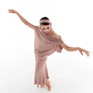 Women's Beige Modest Dance Top & Skirt Set, Draped Lycra, Latin Ballroom