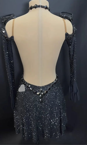 Women's Black Rhinestone Latin Ballroom Dance Dress with Cut-Outs and Long Sleeves