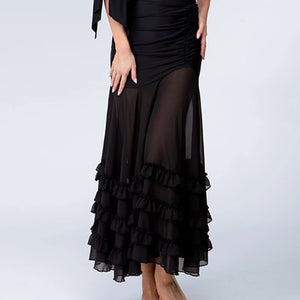 Dance Dress Women's Black One-Shoulder Ruched Chiffon Ruffled Ballroom Latin Dance Dress