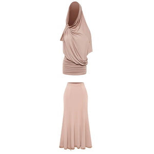 Women's Beige Modest Dance Top & Skirt Set, Draped Lycra, Latin Ballroom